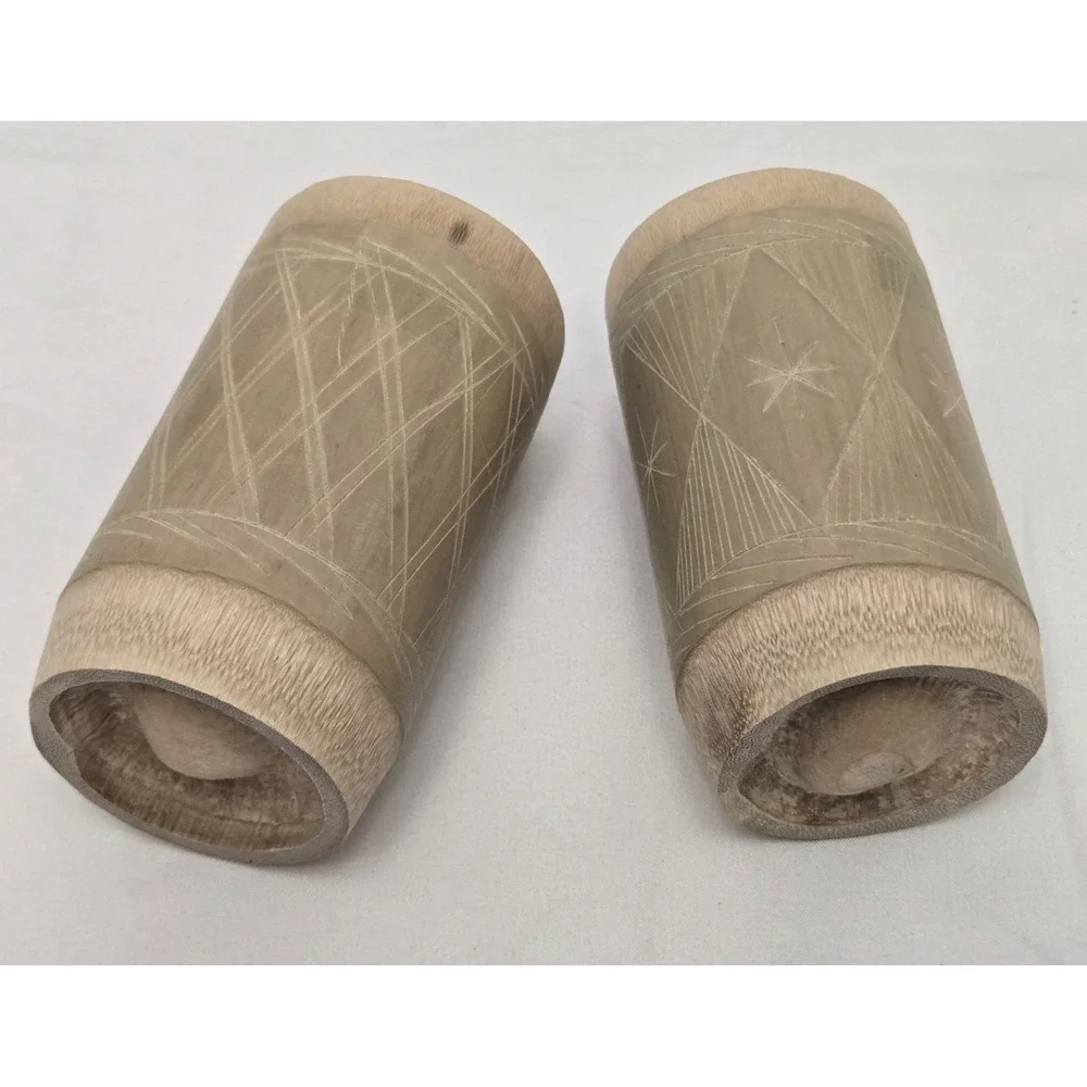 Two Vintage Jamaican‎ Hand Carved Bamboo Tiki Craft Cups Or Vases 4 Inches